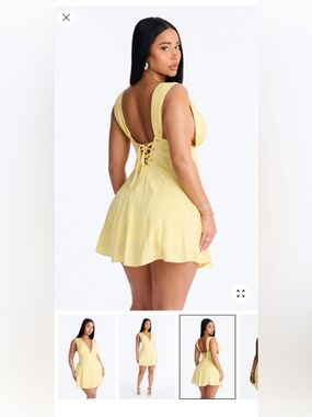 Fashion Nova Yellow Lace-Up Back Linen  Mini Dress